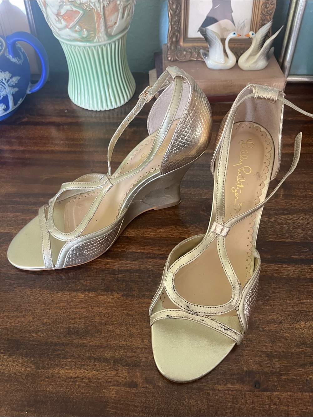 Lilly Pulitzer Gold Metallic T-Strap Wedge Sandals